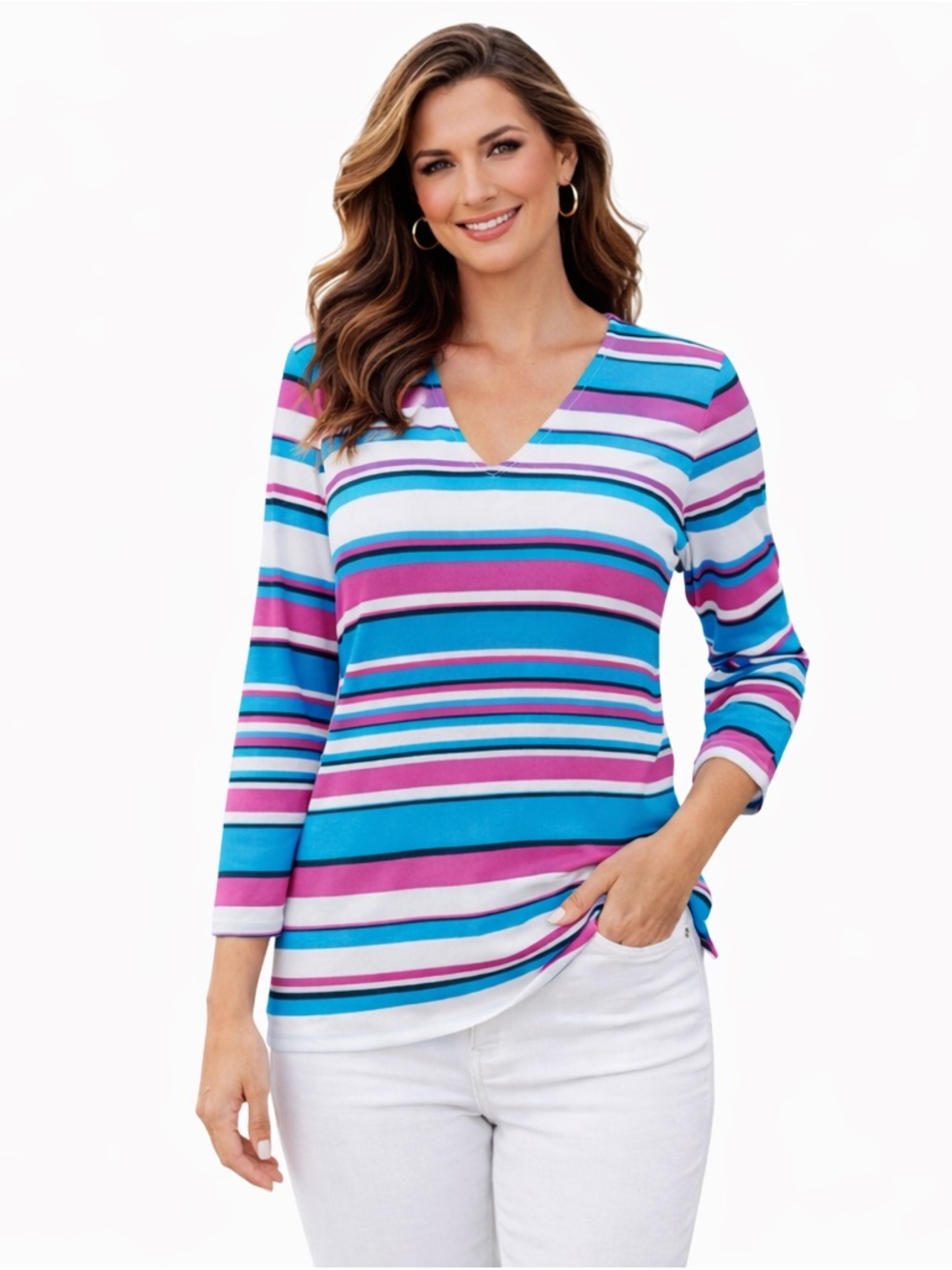 Calvin Klein White Blue Pink Striped V-Neck 3/4 Sleeve Top